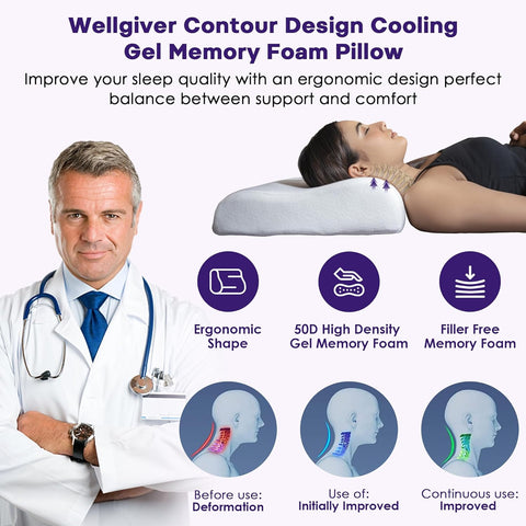 WELLGIVER Cervical Orthopedic Cooling Gel Contour Memory Foam Pillow for Sleeping